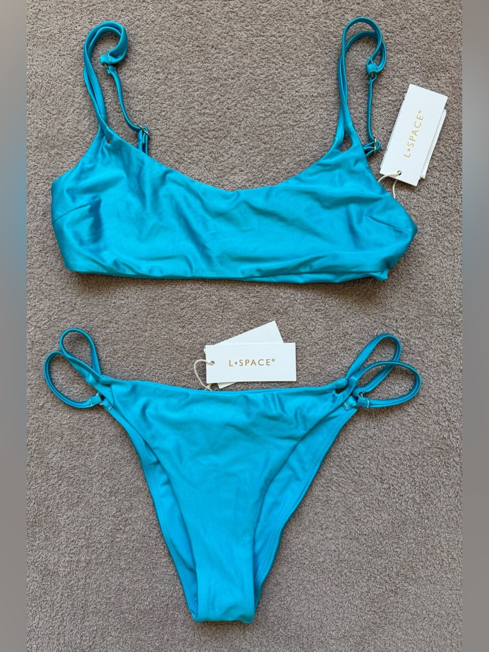 NEW - l*space - SET - Zinnia Top / Wilder Bottom Bitsy - CYAN BLUE SATIN SHINE
